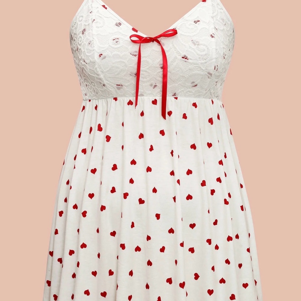 White & Red Heart Lace-Top Nightdress